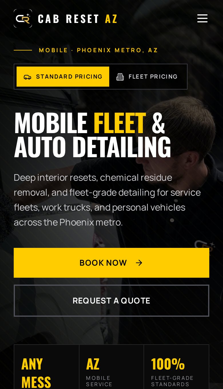 Cab Reset AZ — auto detailing website built by WebJesters, mobile view