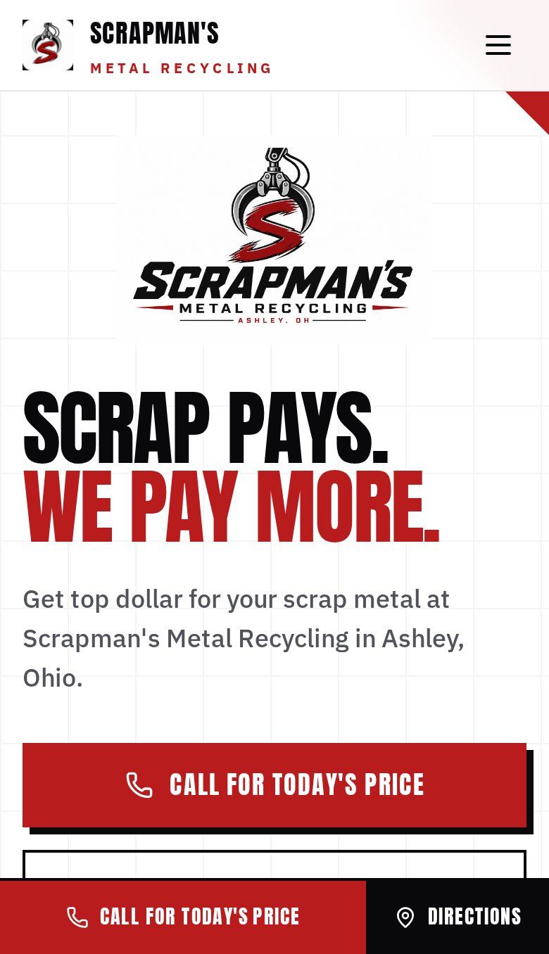 Scrapman's Metal Recycling — website built by WebJesters, mobile view