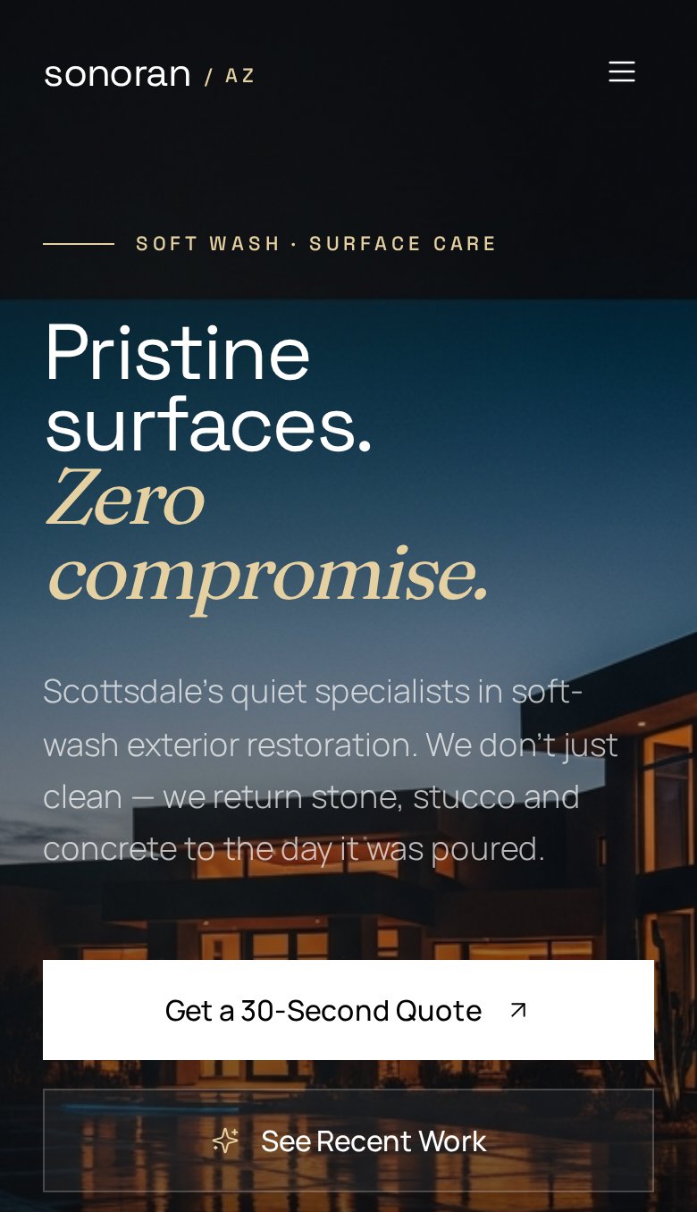Sonoran Clean — pressure washing website built by WebJesters, mobile view